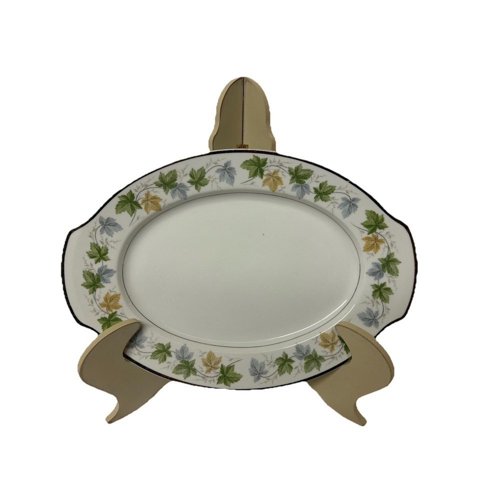Harmony House Sherwood Oval Platter Blue Yellow Green Leaves Platinum Trim 3546